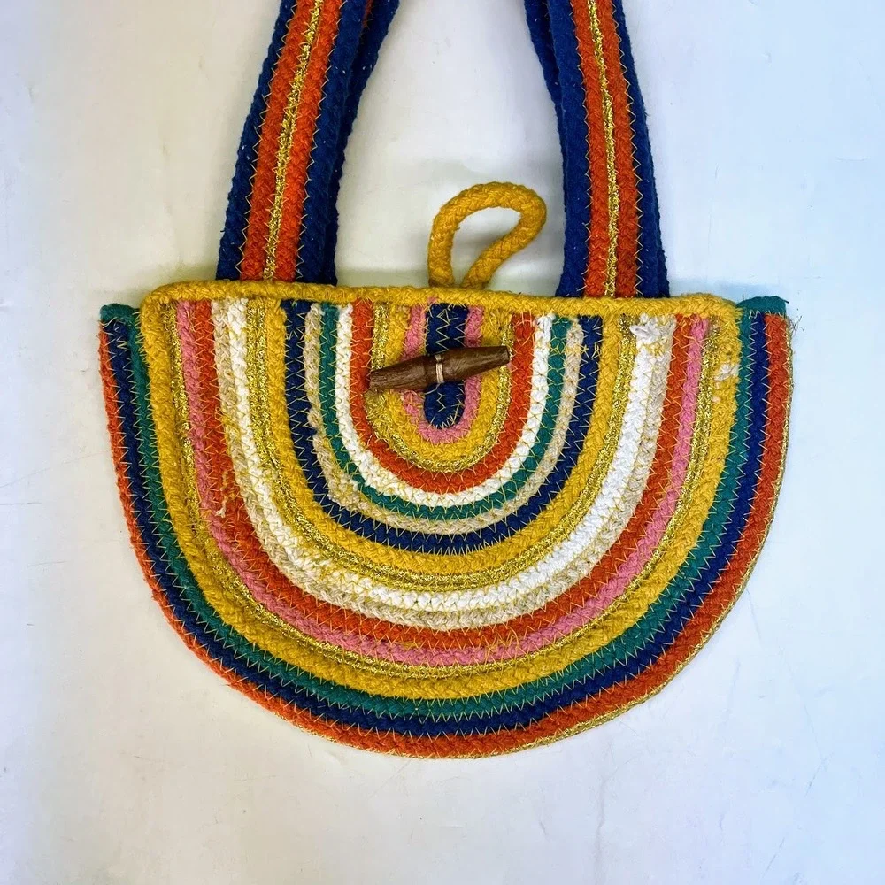 Fabulous MJ New York Rainbow Braided Rope Tote Bag Gold Metallic Toggle Small